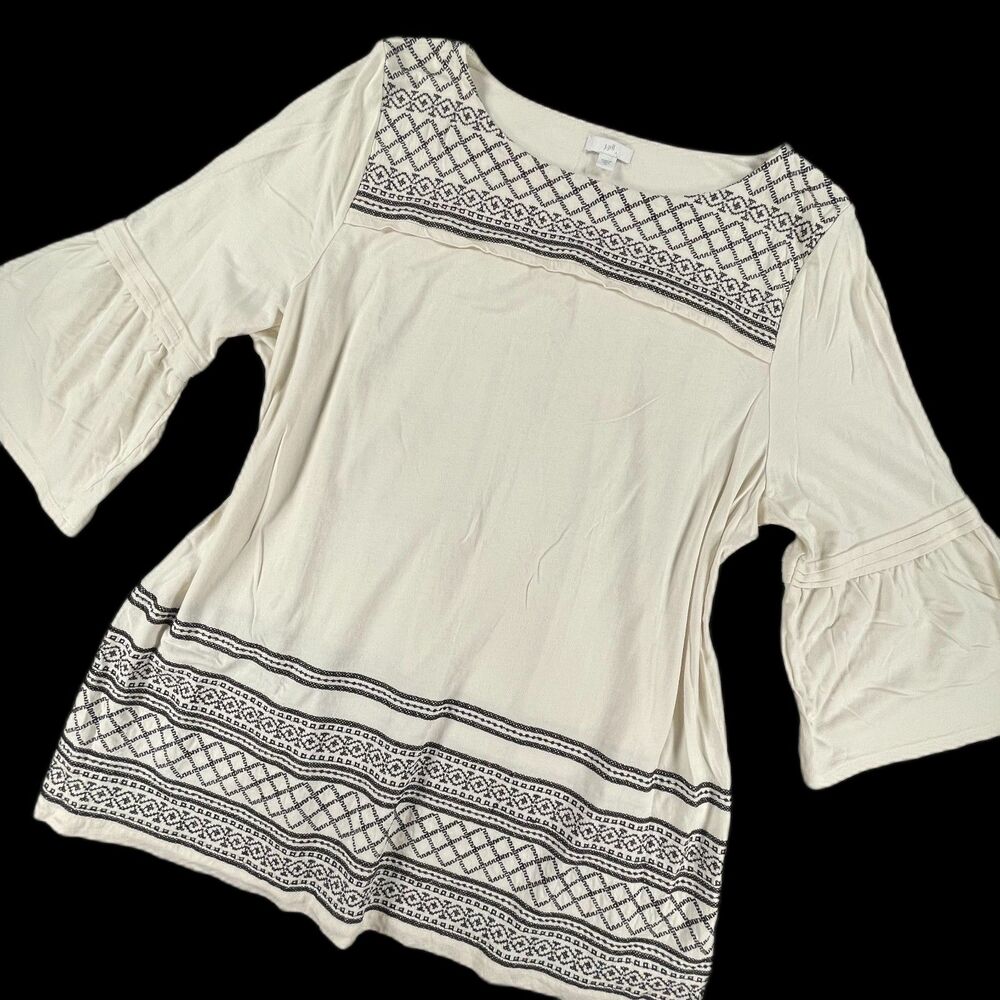 J. Jill Size XL Cream Black Embroidered Cotton Knit Tunic Top Boho Minimalist